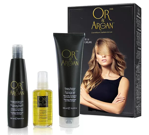Gold & Argan Gift Set - Mask, Shampoo and Illuminating Fluid