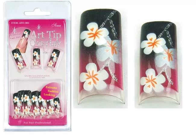 False Nails Overlay-Tip X20 Black White Flower - IB