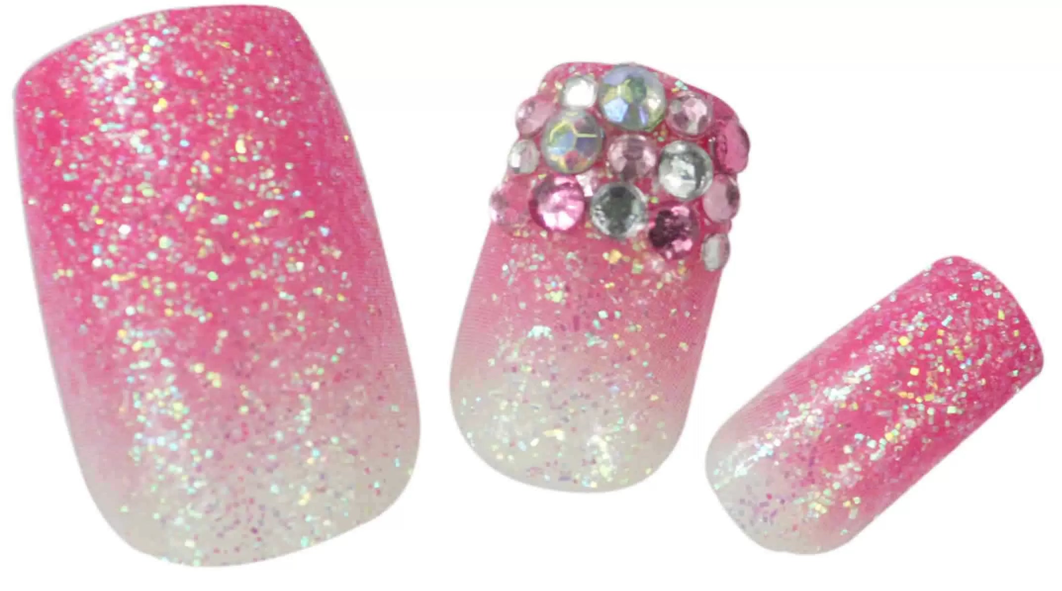 24 3D Pink False Nails with Rhinestones - IB