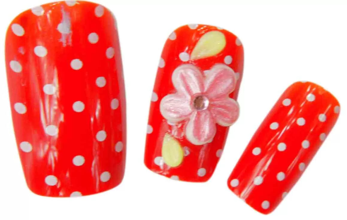 24 3D Red False Nails with Flowers - IB