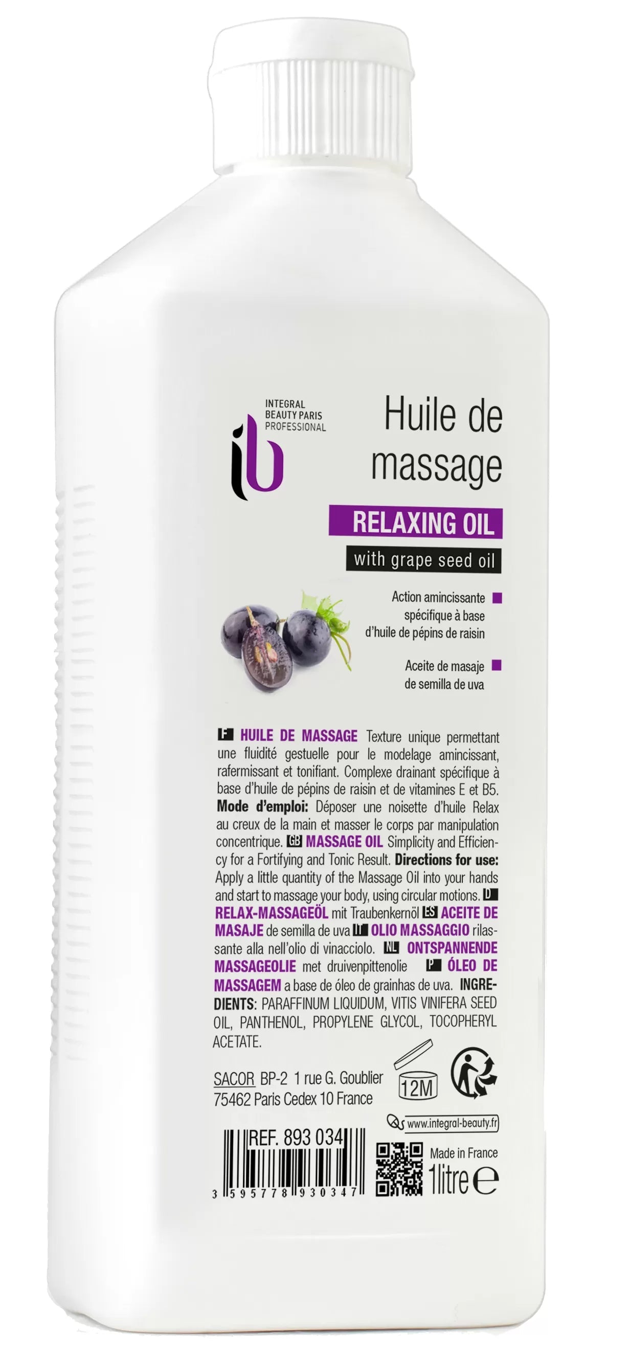 Face and Body Massage Oil 1L - Grape Seed Oil, Vitamins E and B5